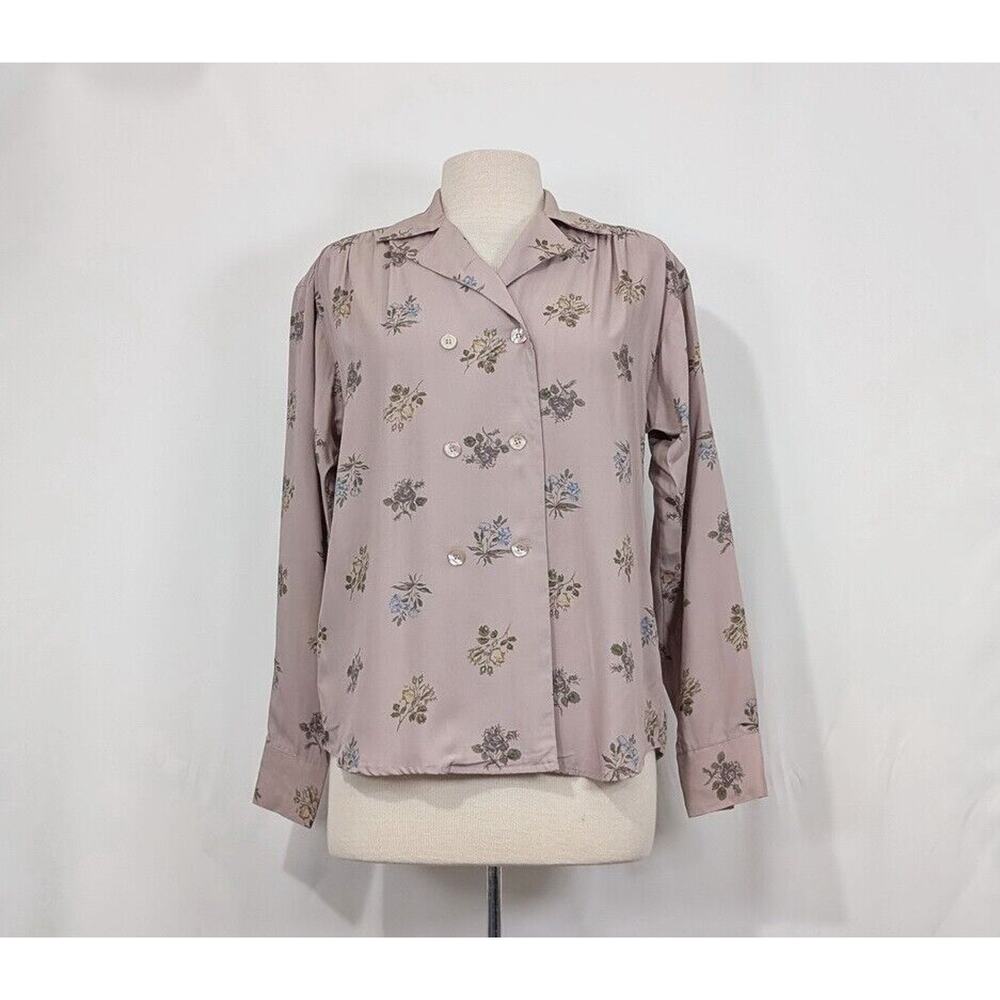 Vintage 80s Blouse Dusty Purple Floral Print Top Shirt Women's Size 6